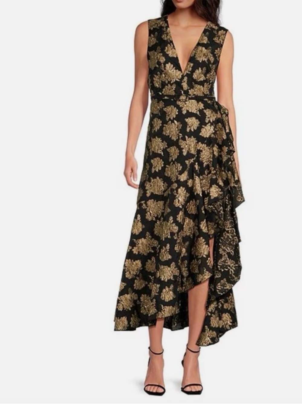 Badgley Mischka Black and Gold Floral V-Neck High-Low Dress